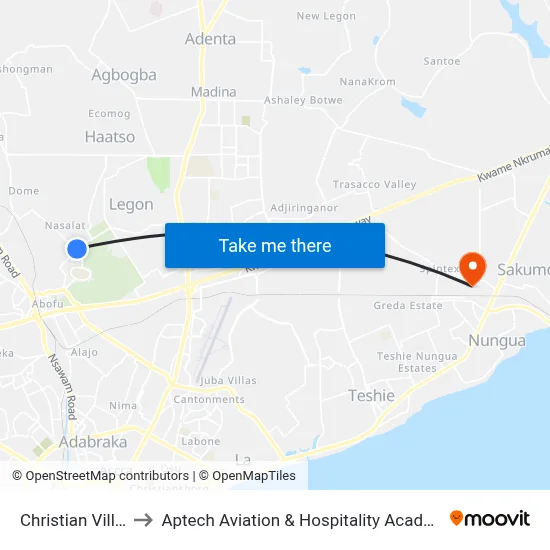 Christian Village to Aptech Aviation & Hospitality Academy Gh. map