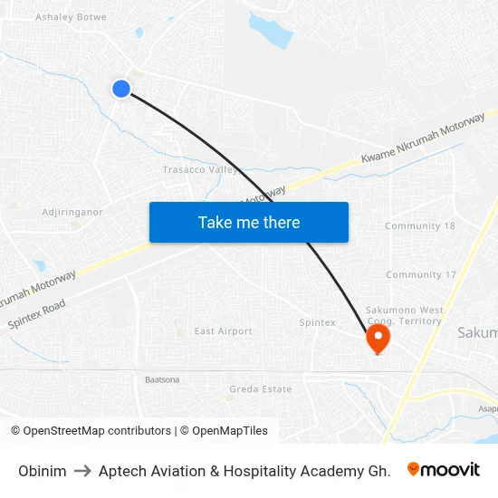 Obinim to Aptech Aviation & Hospitality Academy Gh. map