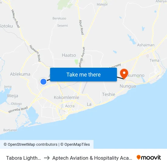 Tabora Lighthouse to Aptech Aviation & Hospitality Academy Gh. map