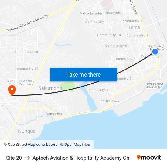 Site 20 to Aptech Aviation & Hospitality Academy Gh. map