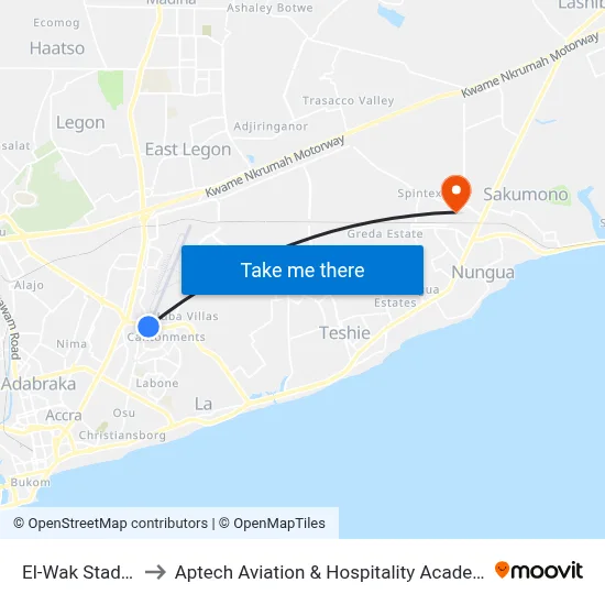 El-Wak Stadium to Aptech Aviation & Hospitality Academy Gh. map
