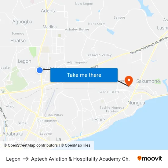 Legon to Aptech Aviation & Hospitality Academy Gh. map