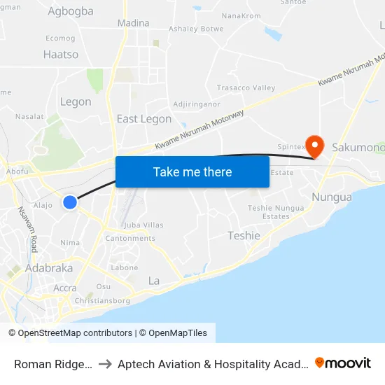 Roman Ridge 2nd to Aptech Aviation & Hospitality Academy Gh. map