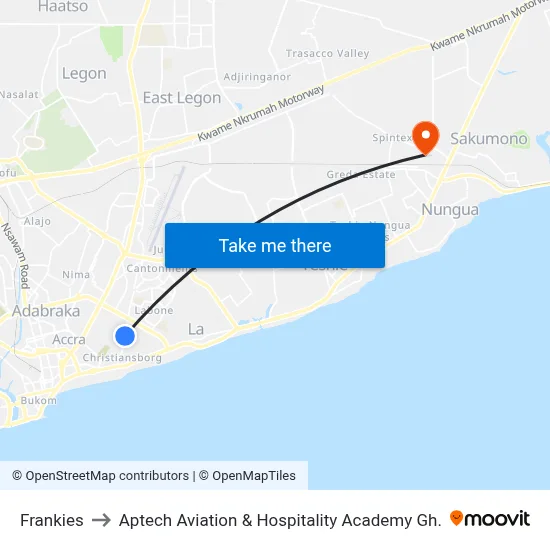 Frankies to Aptech Aviation & Hospitality Academy Gh. map
