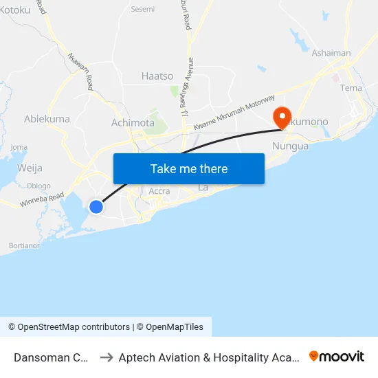 Dansoman Control to Aptech Aviation & Hospitality Academy Gh. map
