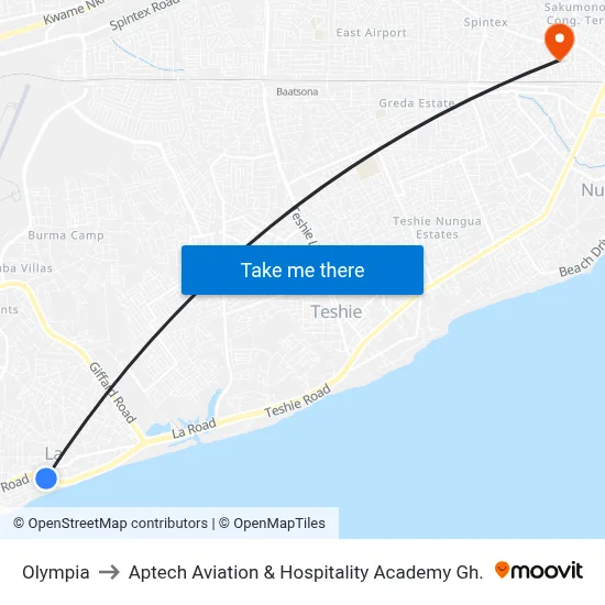 Olympia to Aptech Aviation & Hospitality Academy Gh. map