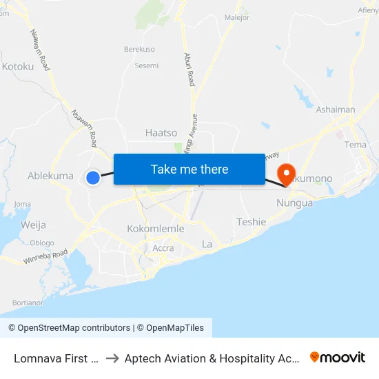 Lomnava First Curve to Aptech Aviation & Hospitality Academy Gh. map