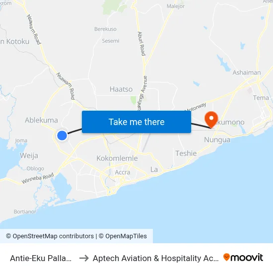 Antie-Eku Pallas Town to Aptech Aviation & Hospitality Academy Gh. map