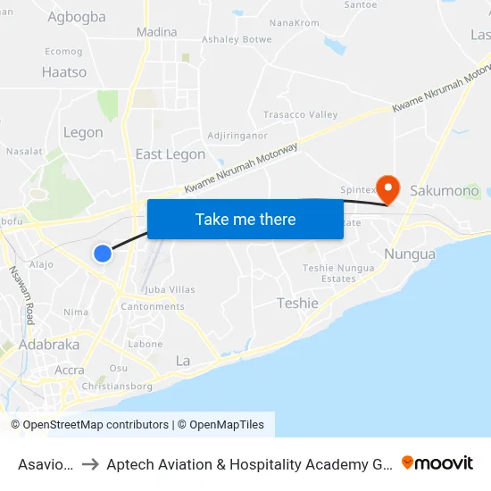 Asaviola to Aptech Aviation & Hospitality Academy Gh. map