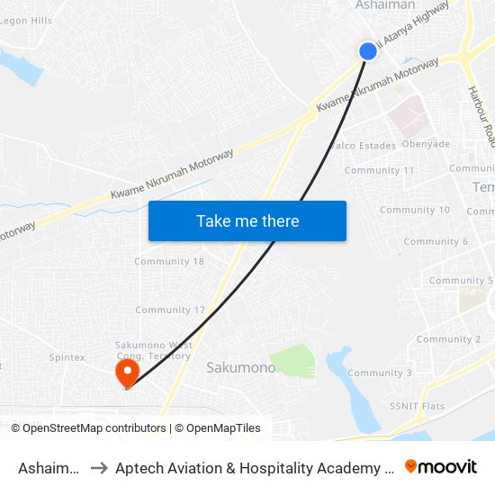 Ashaiman to Aptech Aviation & Hospitality Academy Gh. map