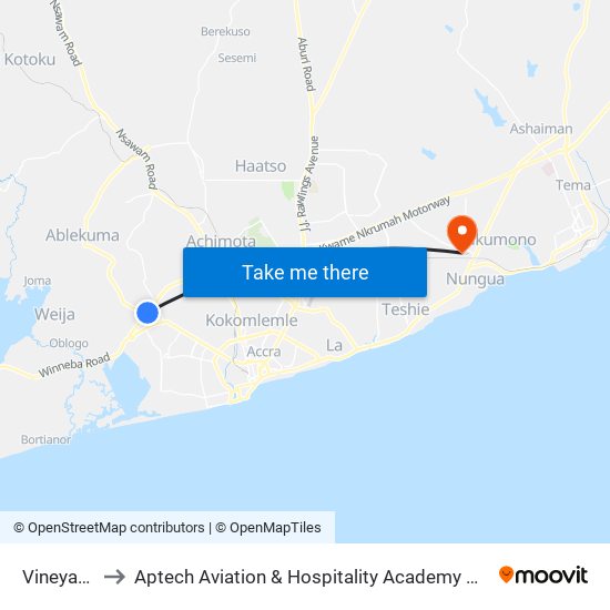 Vineyard to Aptech Aviation & Hospitality Academy Gh. map