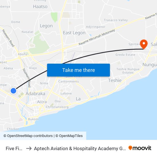 Five Five to Aptech Aviation & Hospitality Academy Gh. map
