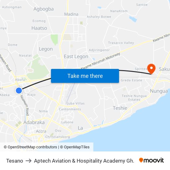 Tesano to Aptech Aviation & Hospitality Academy Gh. map