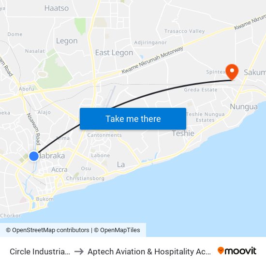 Circle Industrial Area to Aptech Aviation & Hospitality Academy Gh. map