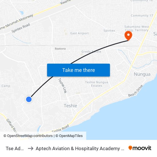Tse Addo to Aptech Aviation & Hospitality Academy Gh. map