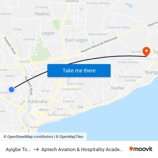 Ayigbe Town to Aptech Aviation & Hospitality Academy Gh. map