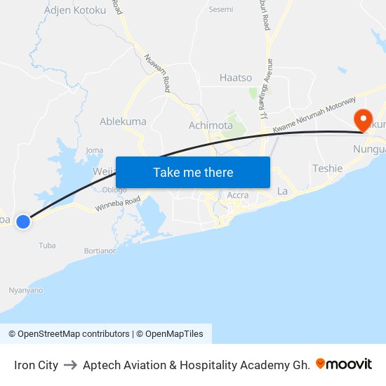 Iron City to Aptech Aviation & Hospitality Academy Gh. map