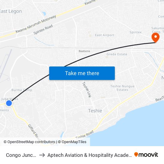 Congo Junction to Aptech Aviation & Hospitality Academy Gh. map