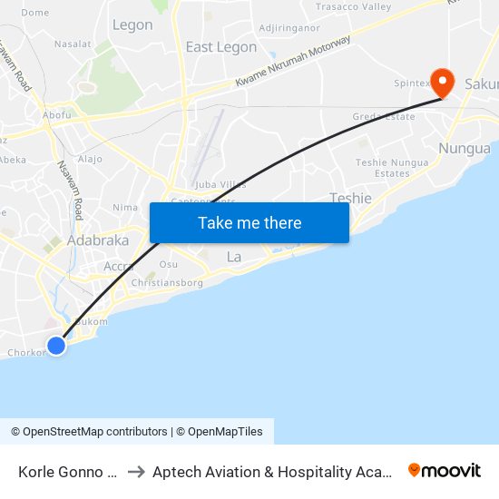 Korle Gonno Shell to Aptech Aviation & Hospitality Academy Gh. map