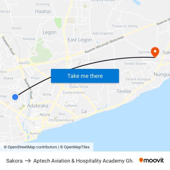 Sakora to Aptech Aviation & Hospitality Academy Gh. map