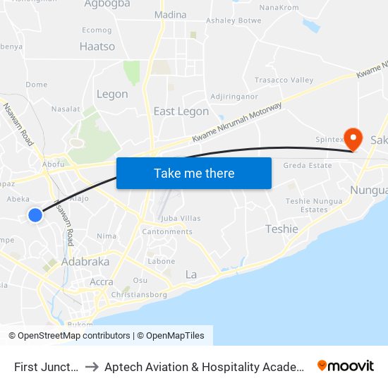 First Junction to Aptech Aviation & Hospitality Academy Gh. map