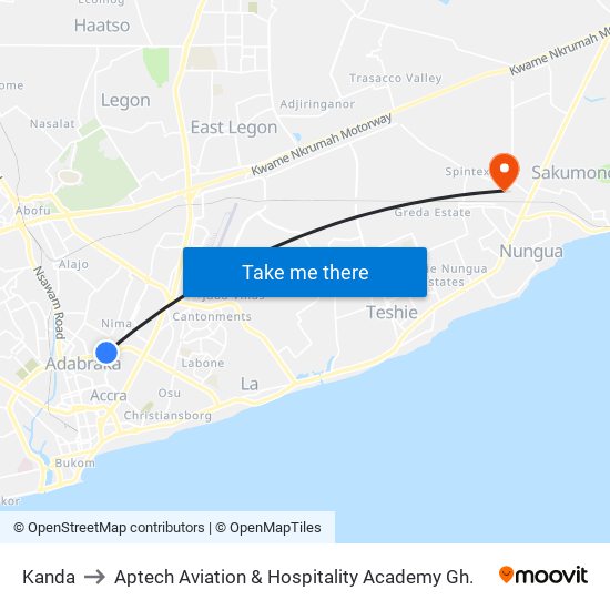 Kanda to Aptech Aviation & Hospitality Academy Gh. map