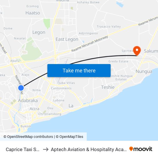 Caprice Taxi Station to Aptech Aviation & Hospitality Academy Gh. map
