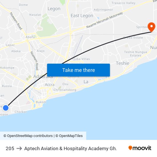 205 to Aptech Aviation & Hospitality Academy Gh. map
