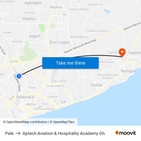 Pele to Aptech Aviation & Hospitality Academy Gh. map