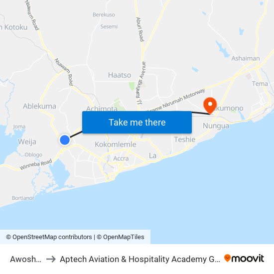 Awoshie to Aptech Aviation & Hospitality Academy Gh. map