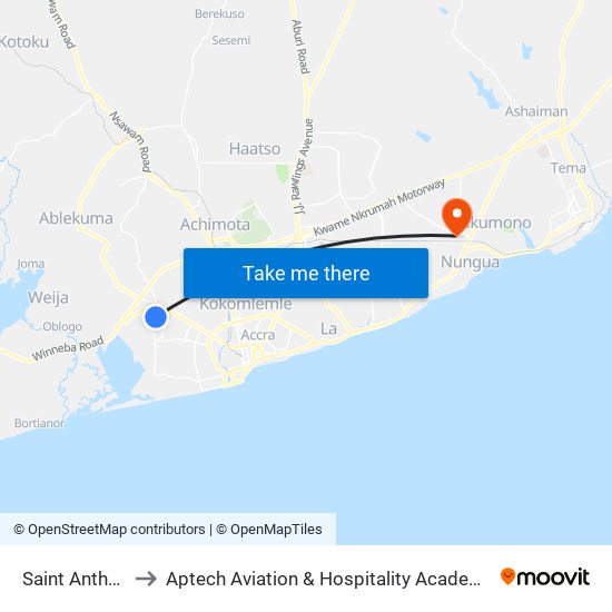 Saint Anthony to Aptech Aviation & Hospitality Academy Gh. map