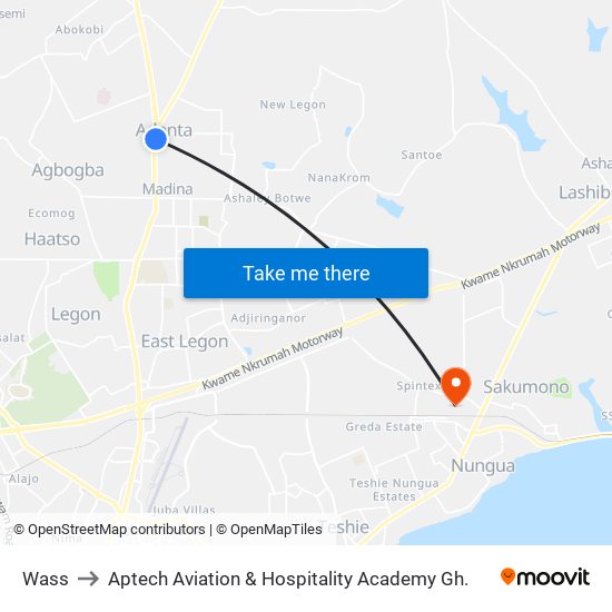 Wass to Aptech Aviation & Hospitality Academy Gh. map
