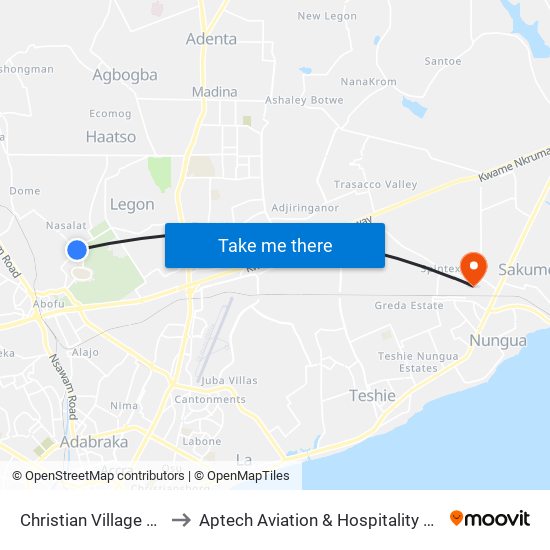 Christian Village Jucntion to Aptech Aviation & Hospitality Academy Gh. map
