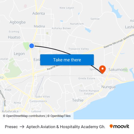 Presec to Aptech Aviation & Hospitality Academy Gh. map