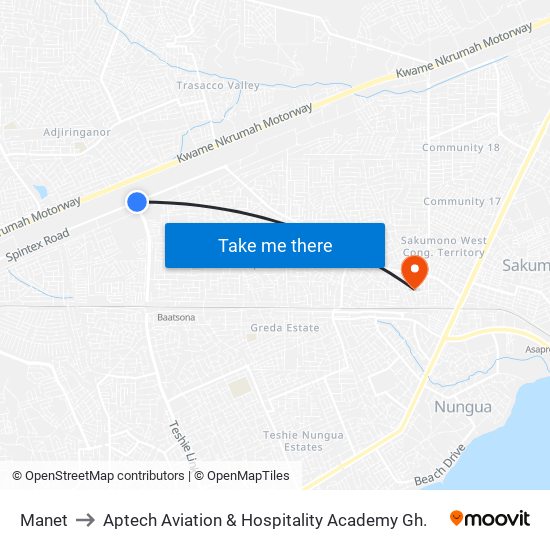 Manet to Aptech Aviation & Hospitality Academy Gh. map