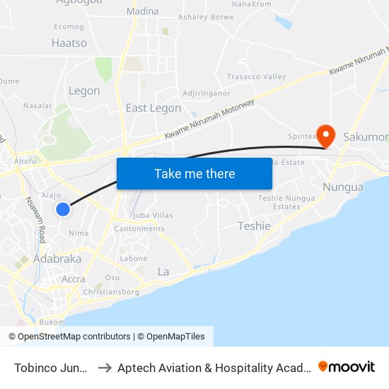 Tobinco Junction to Aptech Aviation & Hospitality Academy Gh. map