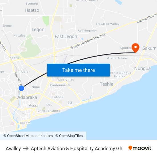 Avalley to Aptech Aviation & Hospitality Academy Gh. map