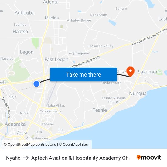 Nyaho to Aptech Aviation & Hospitality Academy Gh. map