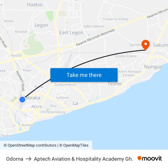 Odorna to Aptech Aviation & Hospitality Academy Gh. map