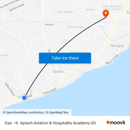 Gas to Aptech Aviation & Hospitality Academy Gh. map