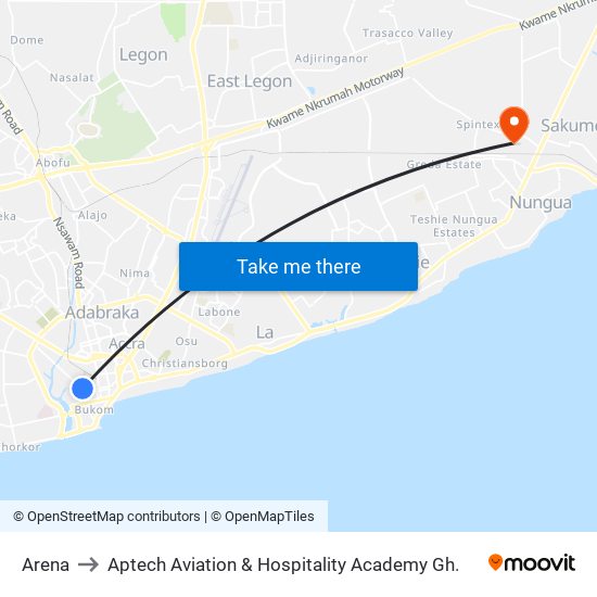 Arena to Aptech Aviation & Hospitality Academy Gh. map