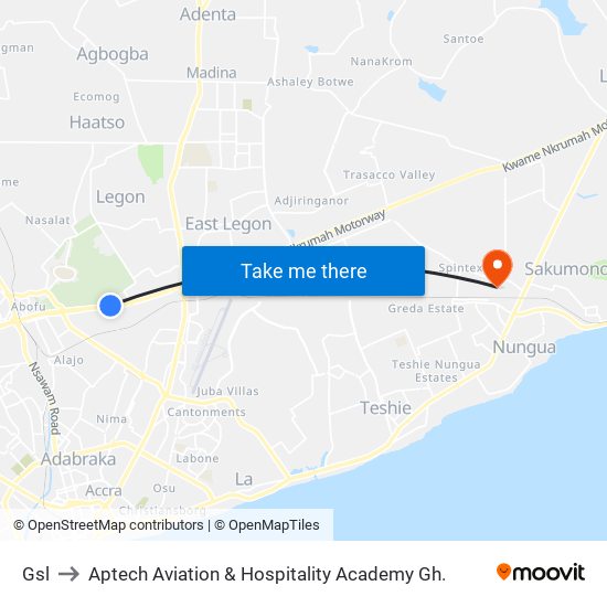 Gsl to Aptech Aviation & Hospitality Academy Gh. map