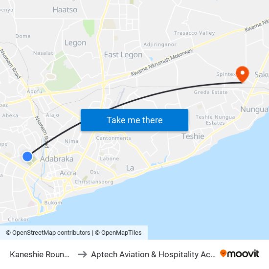 Kaneshie Roundabout to Aptech Aviation & Hospitality Academy Gh. map