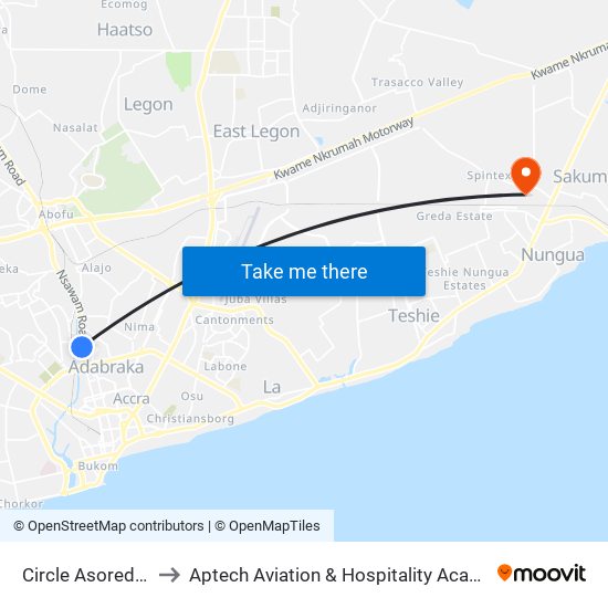Circle Asoredanho to Aptech Aviation & Hospitality Academy Gh. map