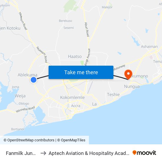 Fanmilk Junction to Aptech Aviation & Hospitality Academy Gh. map