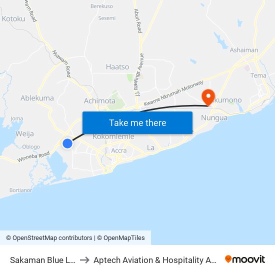 Sakaman Blue Lagoon to Aptech Aviation & Hospitality Academy Gh. map