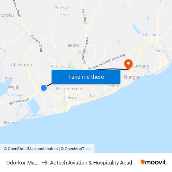 Odorkor Market to Aptech Aviation & Hospitality Academy Gh. map