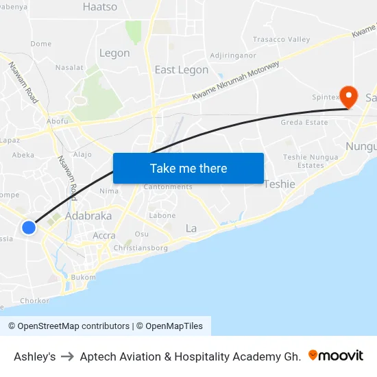 Ashley's to Aptech Aviation & Hospitality Academy Gh. map