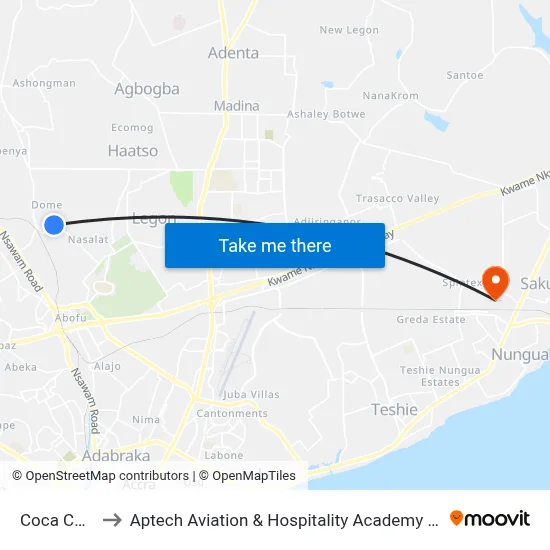 Coca Cola to Aptech Aviation & Hospitality Academy Gh. map