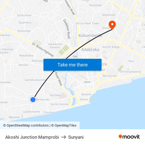 Akoshi Junction Mamprobi to Sunyani map